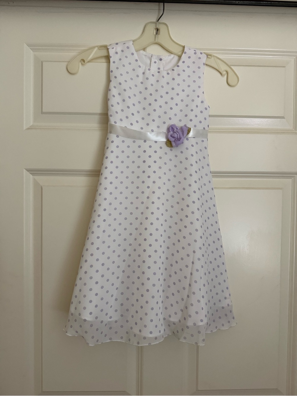 White and Lavender Polka Dot Girls' Dress with Satin Waistband